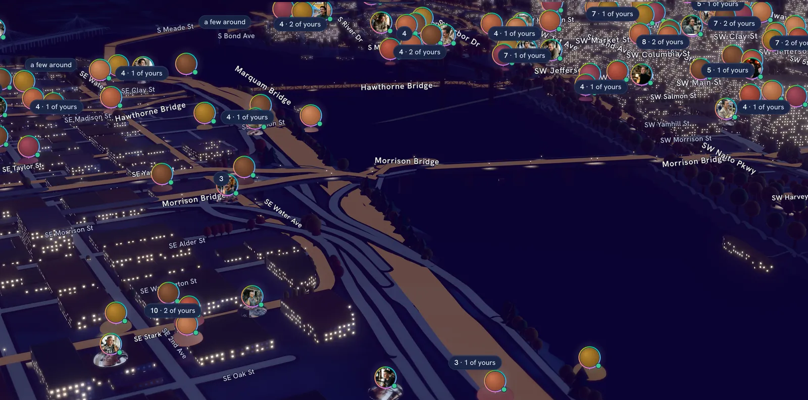The charper prototype map at 9:30 at night: the Willamette, the Morrison and Hawthorne bridges, lit windows on both banks, and little crowds of made-up people.
