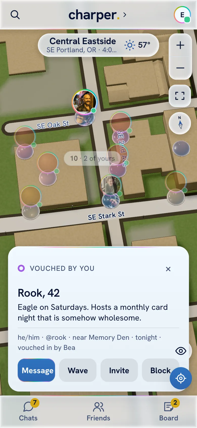 A profile card on the charper map: Vouched by you, a name, an age and a short bio, who vouched them in, and the buttons Message, Wave, Invite and Block.
