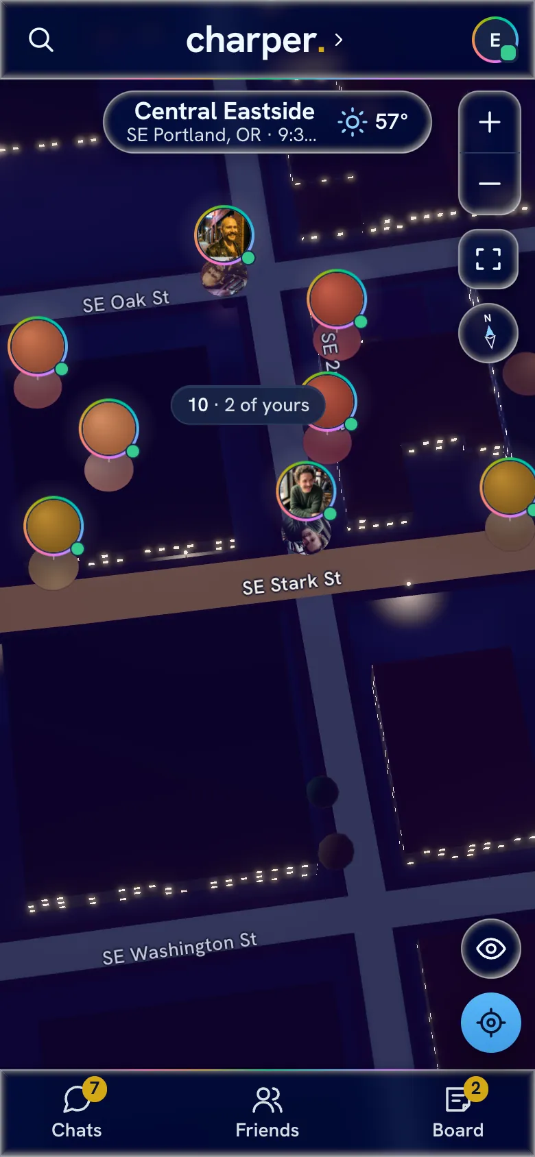 The charper map downtown at night: a crowd of faces over the streets, labelled with how many are there and how many are yours.