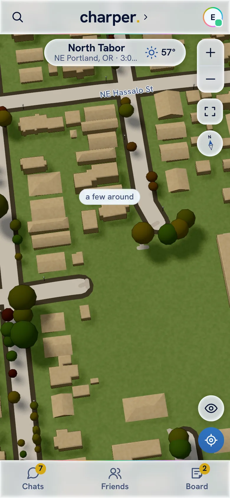 The charper map over North Tabor by day: a quiet block labelled only 'a few around', with no faces and no count.