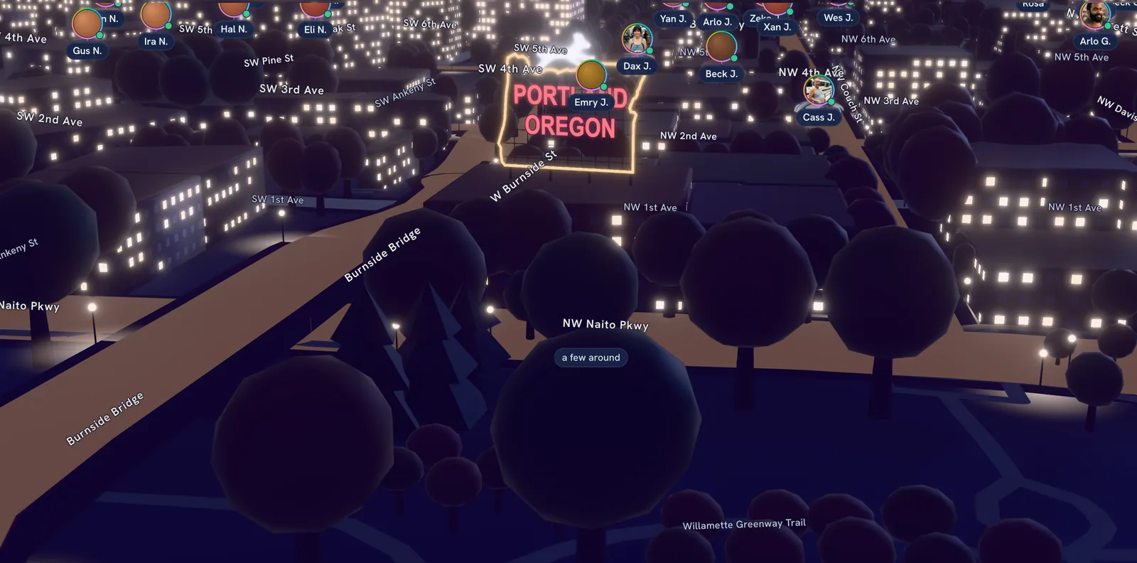 The charper map at 9:30 at night: the Portland Oregon sign glowing in neon above Old Town at the end of the Burnside Bridge, lit windows all around, and a string of people's faces along the streets beyond.